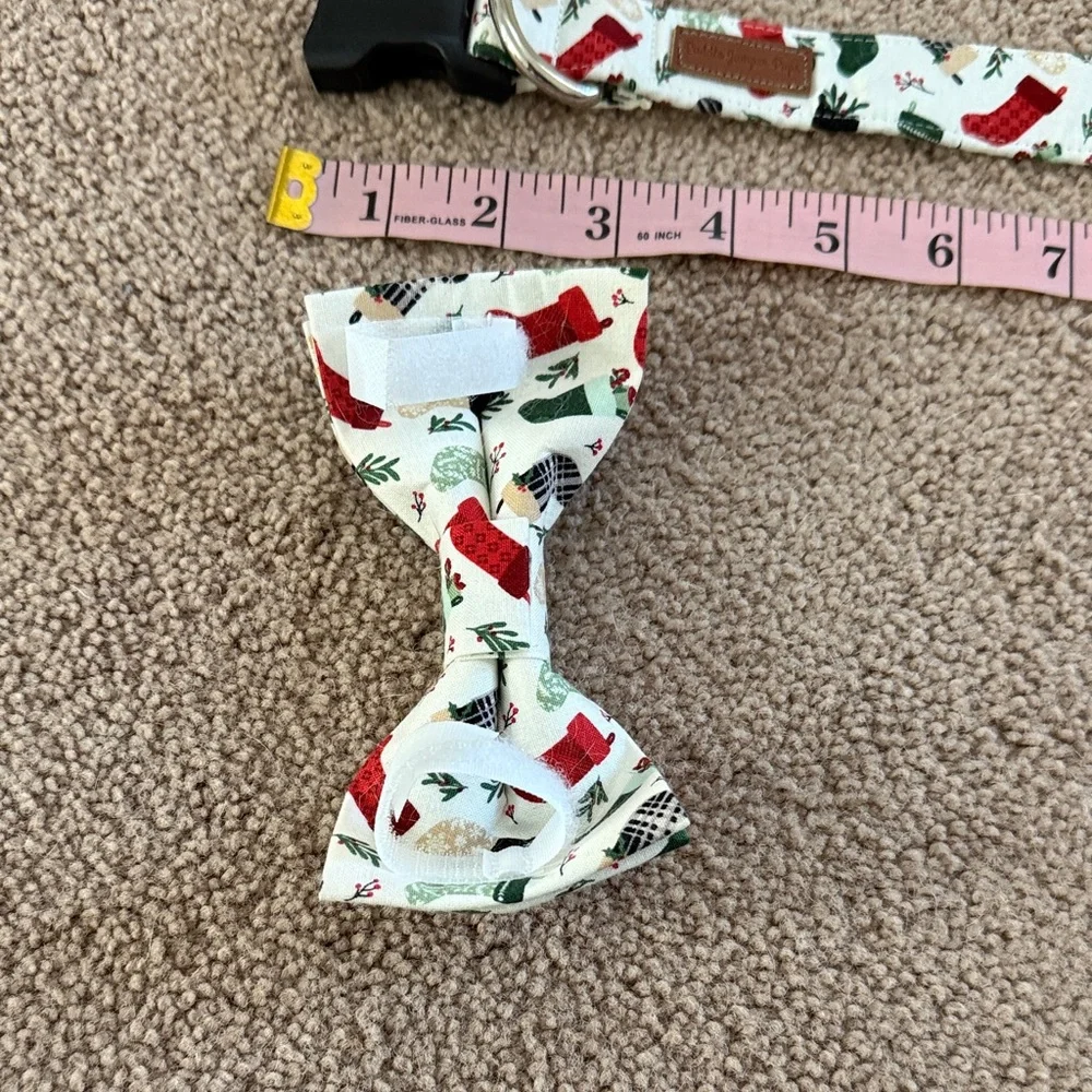 Holiday Cream Bow Tie Dog Collar with Red & Green Stocking Print